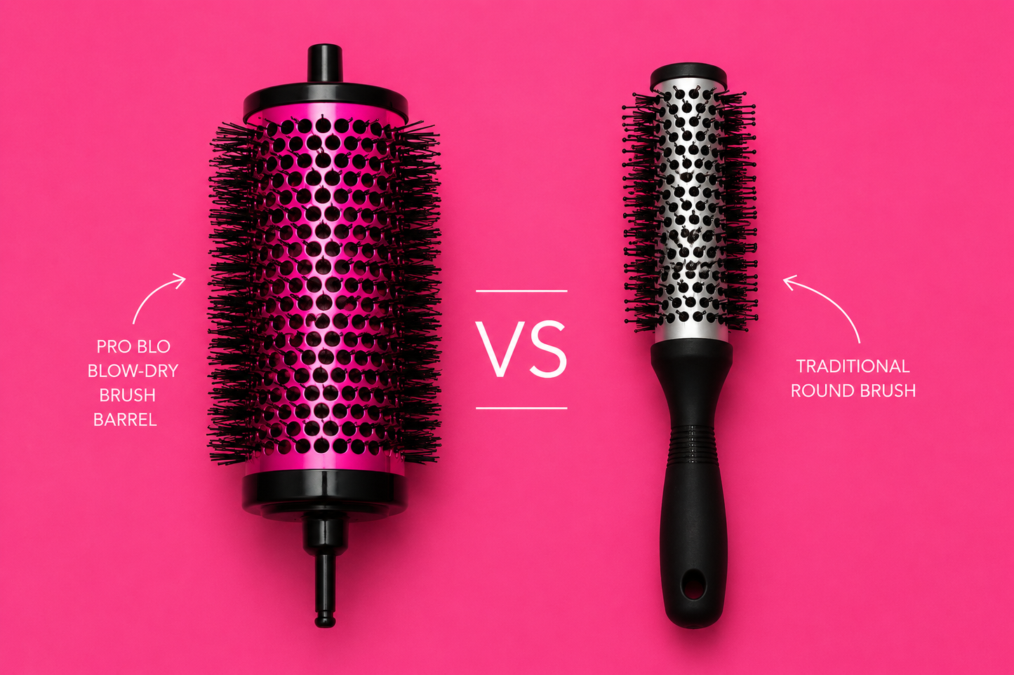 Pro Blo blow-dry brush barrel next to a traditional round brush