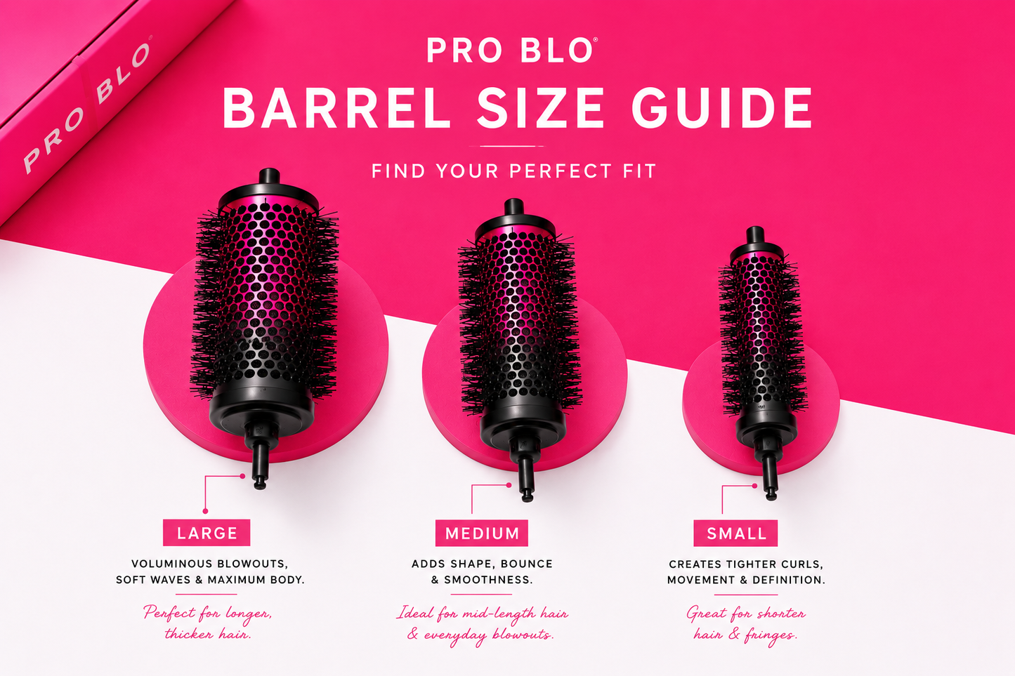 Pro Blo CurlME blow-dry brush barrels in small, medium and large